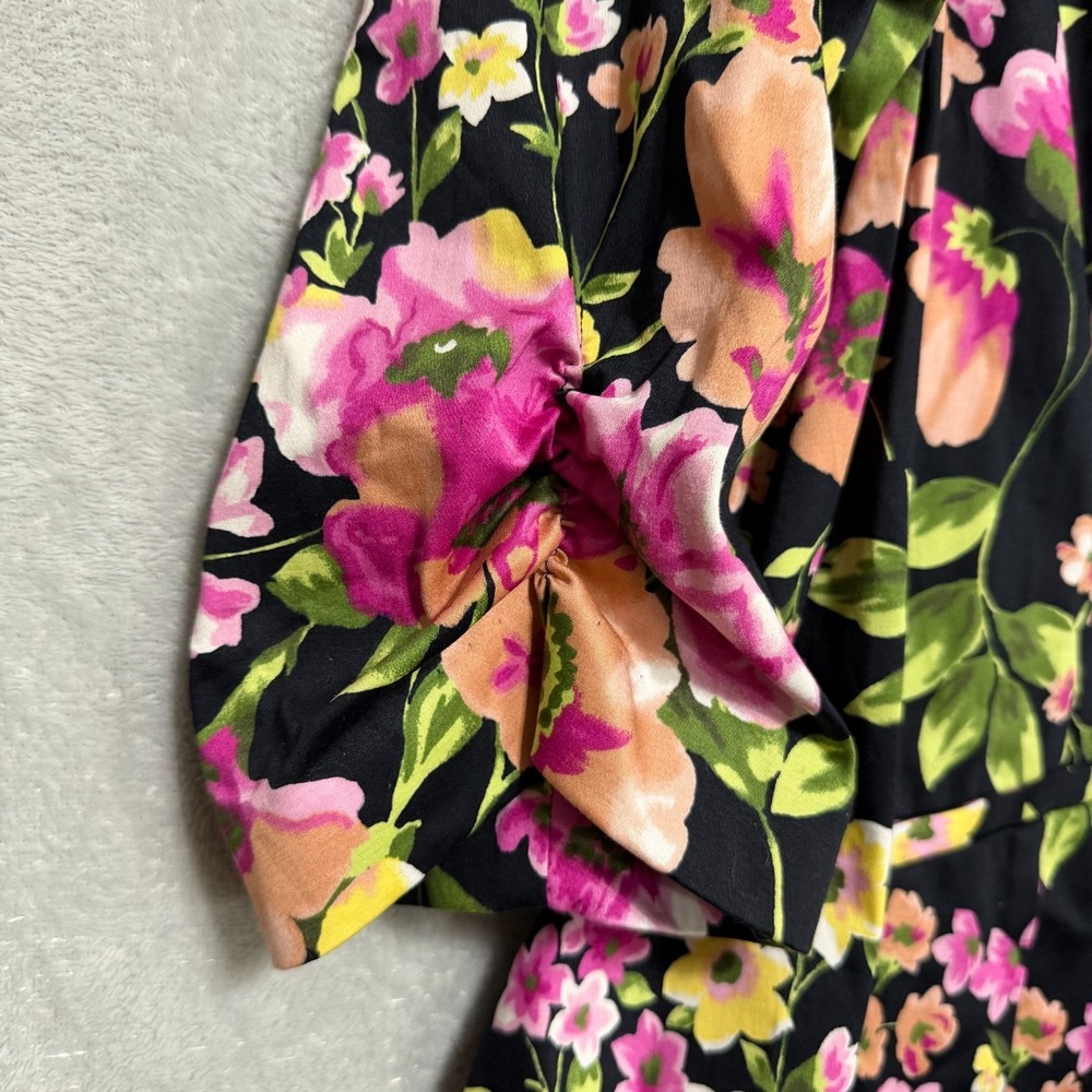 Avenue Floral Blazer Women Plus 26 Black Pink Yellow Cotton Stretch Ruched Sleev - Picture 4 of 11